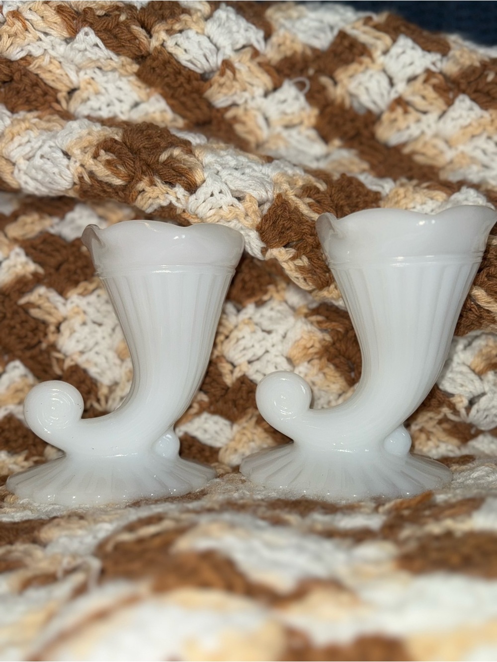 Janette Glass White Milk Glass Cornucopia Vases - Set of 2